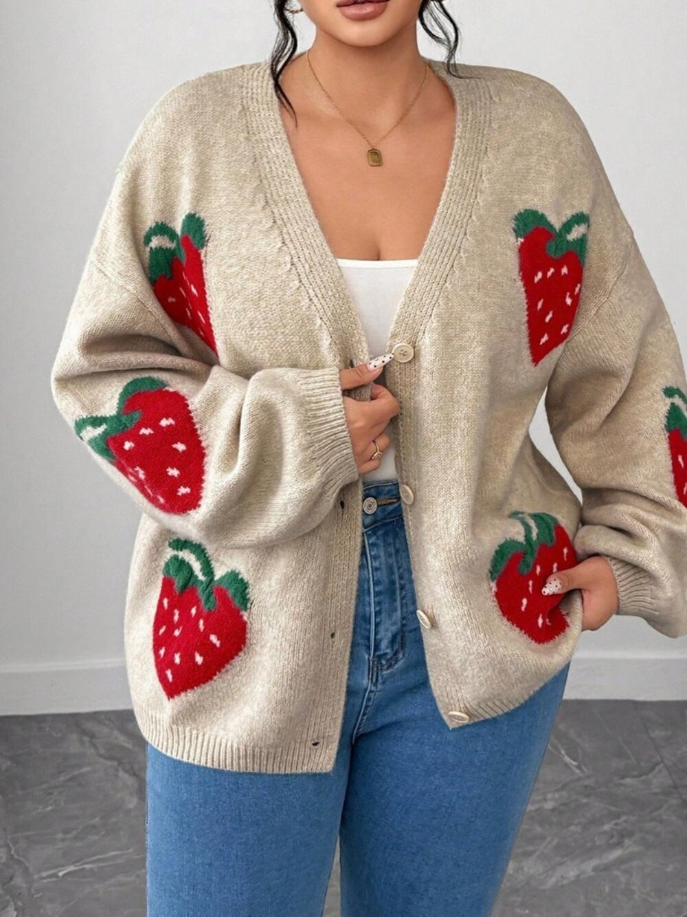 Khaki Casual Women's Loose Button V Neck Cardigan